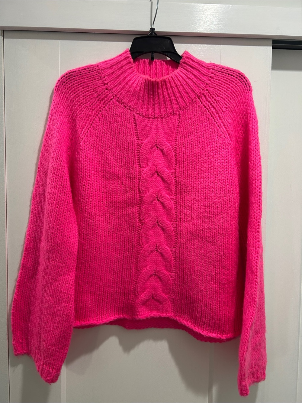 Neon Pink Cable-Front mock neck Sweater